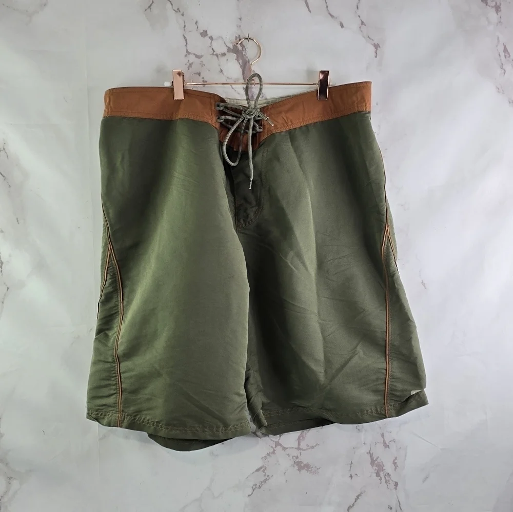 Columbia Swim Trunks Mens 38 Large Green Orange Board Shorts Drawstring